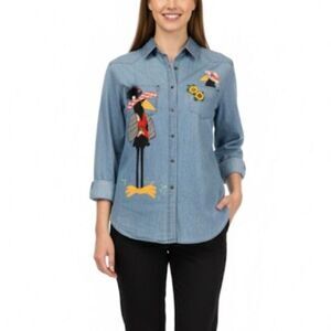 Vintage 90s Justin Allen Blue Crow Sunflower Appliqué Novelty Denim Shirt Size M